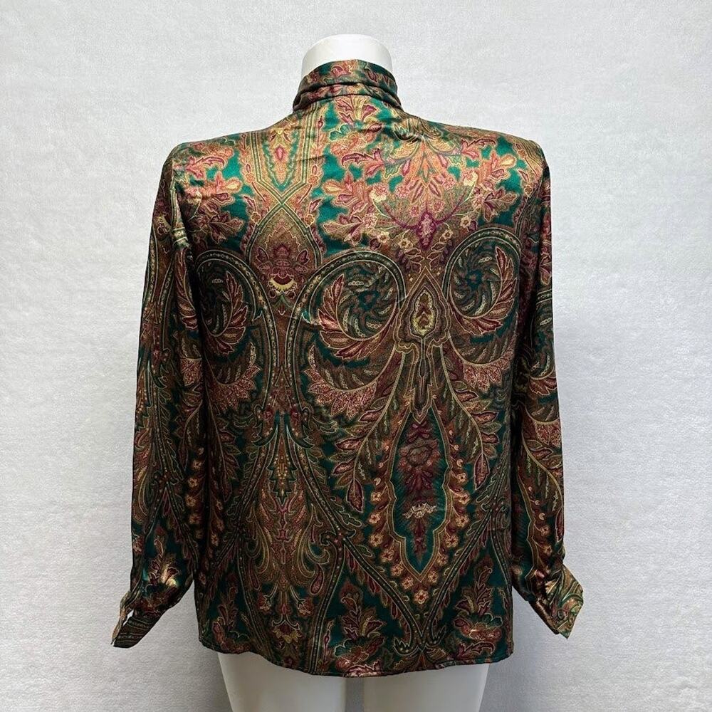 VTG RUSS Paisley Print Tie Neck Blouse Faux Silk Shirt Gold Green Womens Size 16 - Picture 2 of 12